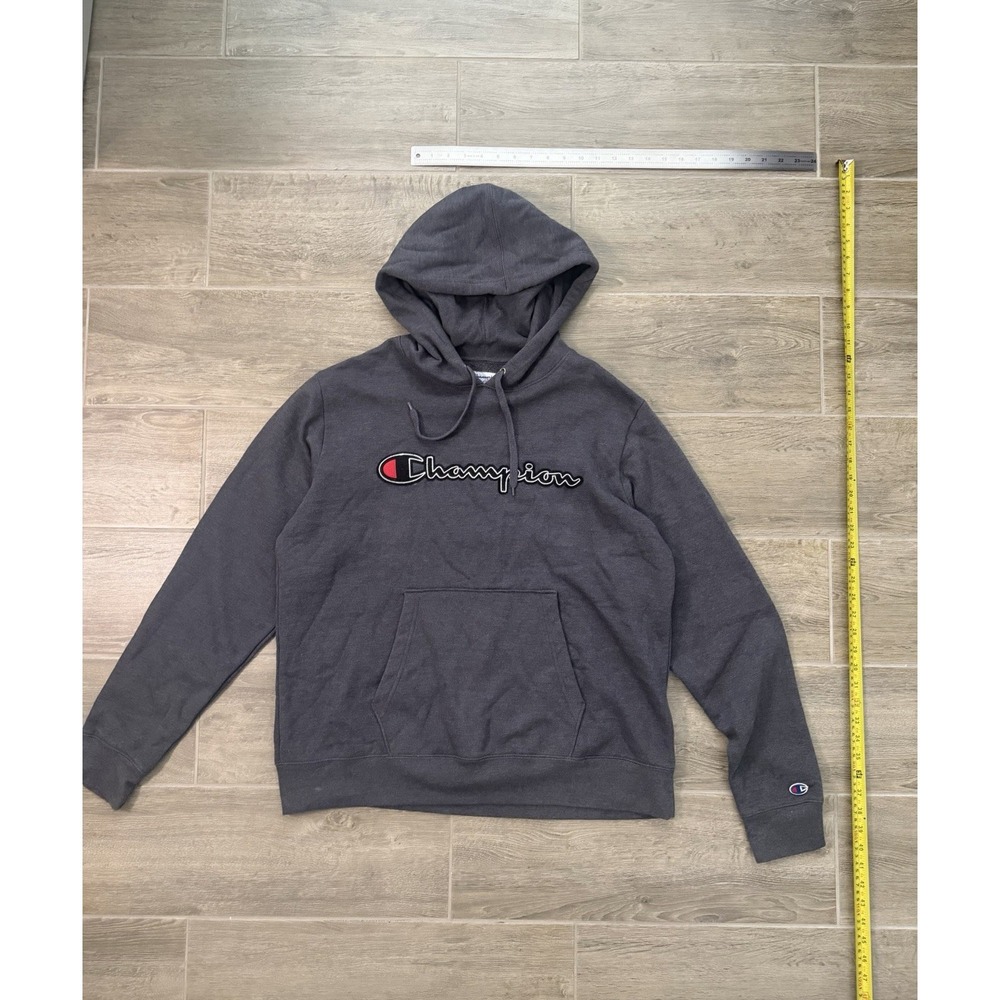 Champion Hoodie Mens Large Gray Script Logo Pullover Sweatshirt Embroidered - Picture 11 of 16